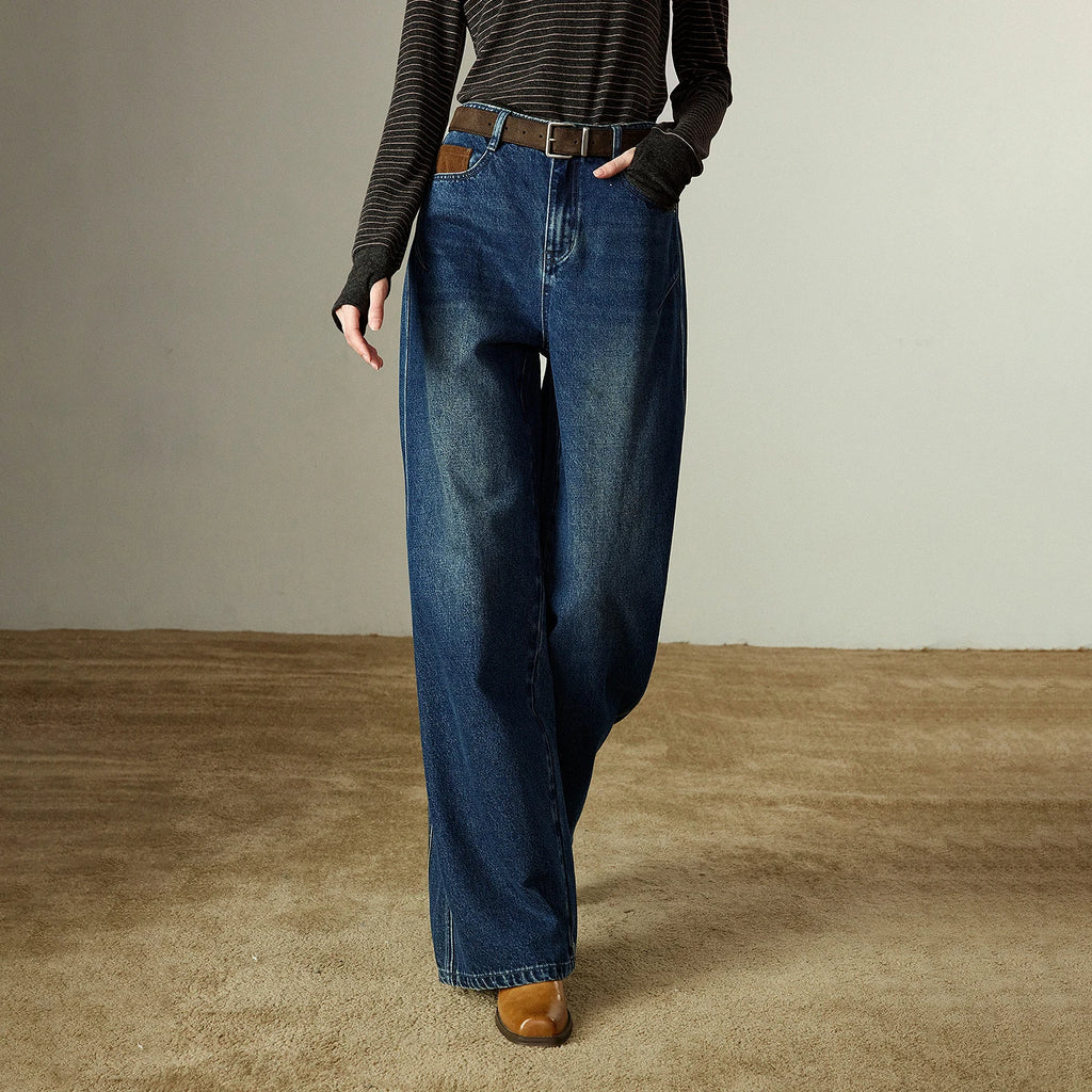 Jeans Femme – Jambe Large, Design Fendu, Contraste de Couleurs, Denim Structuré