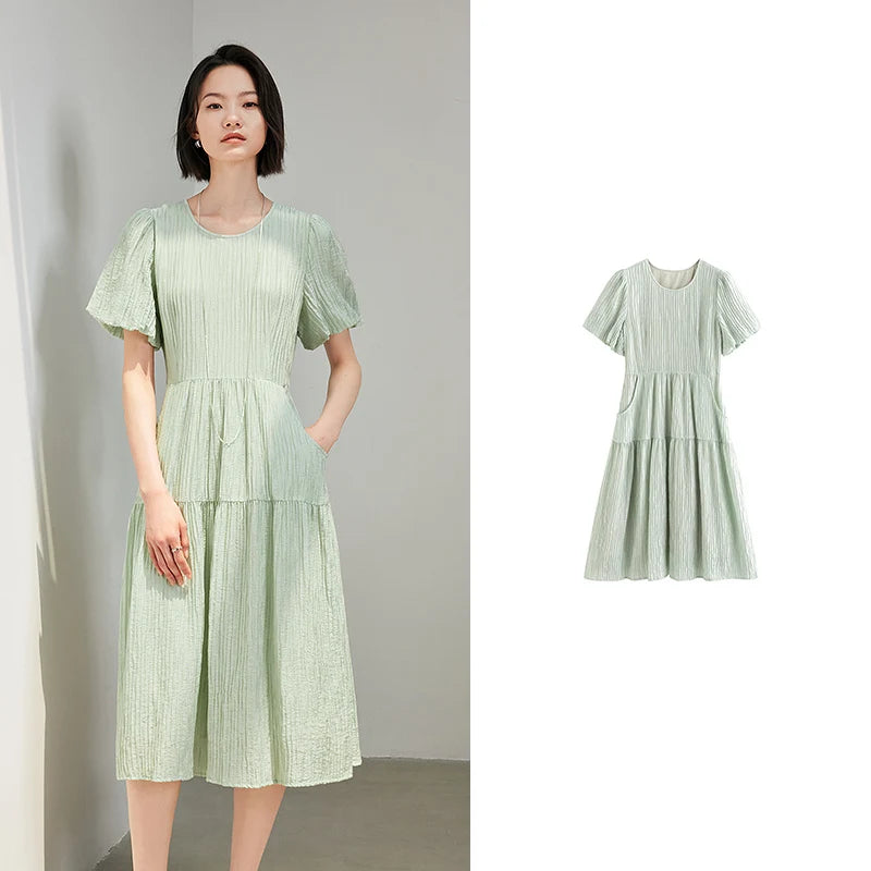 Robe femme mi-mollet été A-Line manches bouffantes col rond à lacets