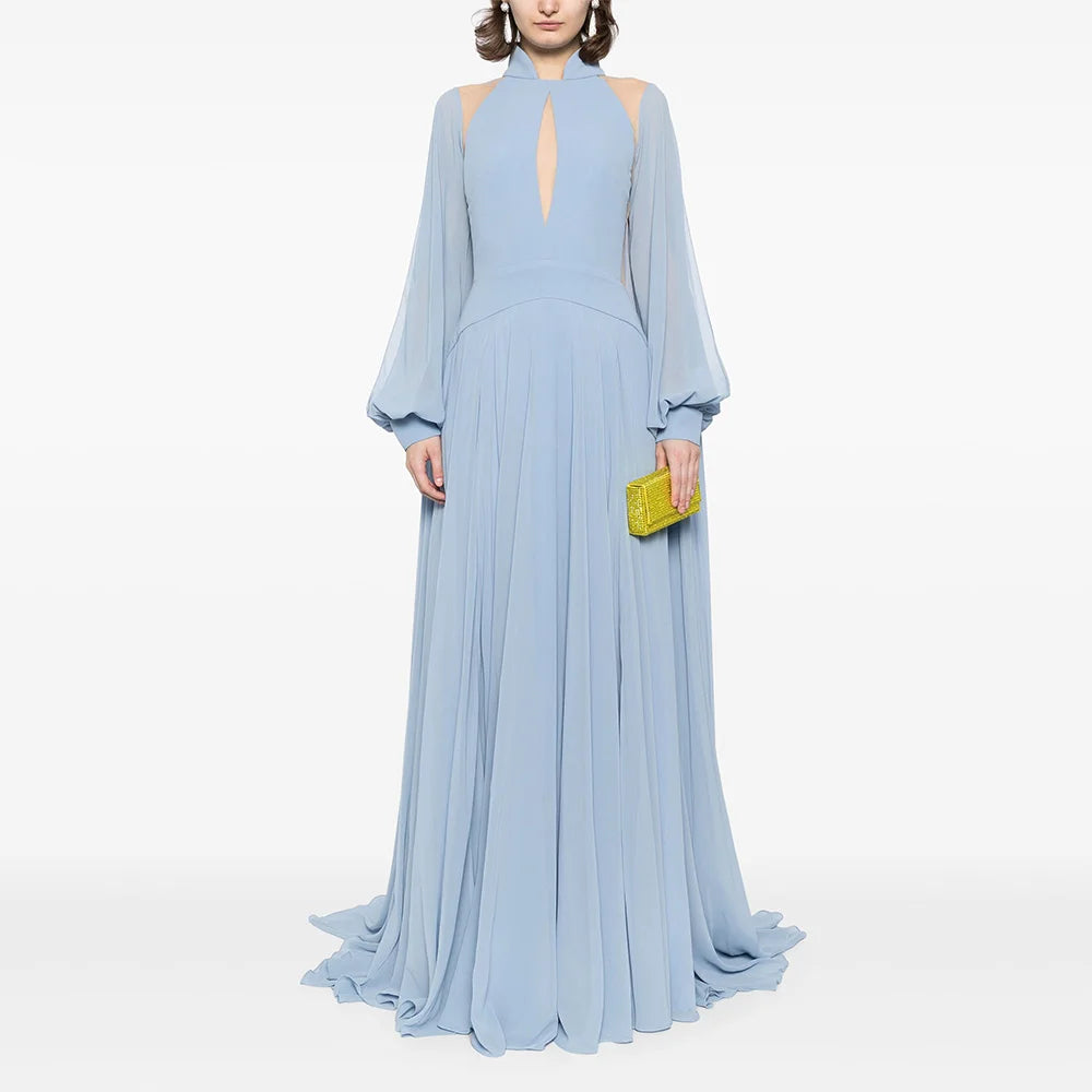 Robe de Soirée Élégante Montant, Manches Longues, A-Line, Découpes Illusion