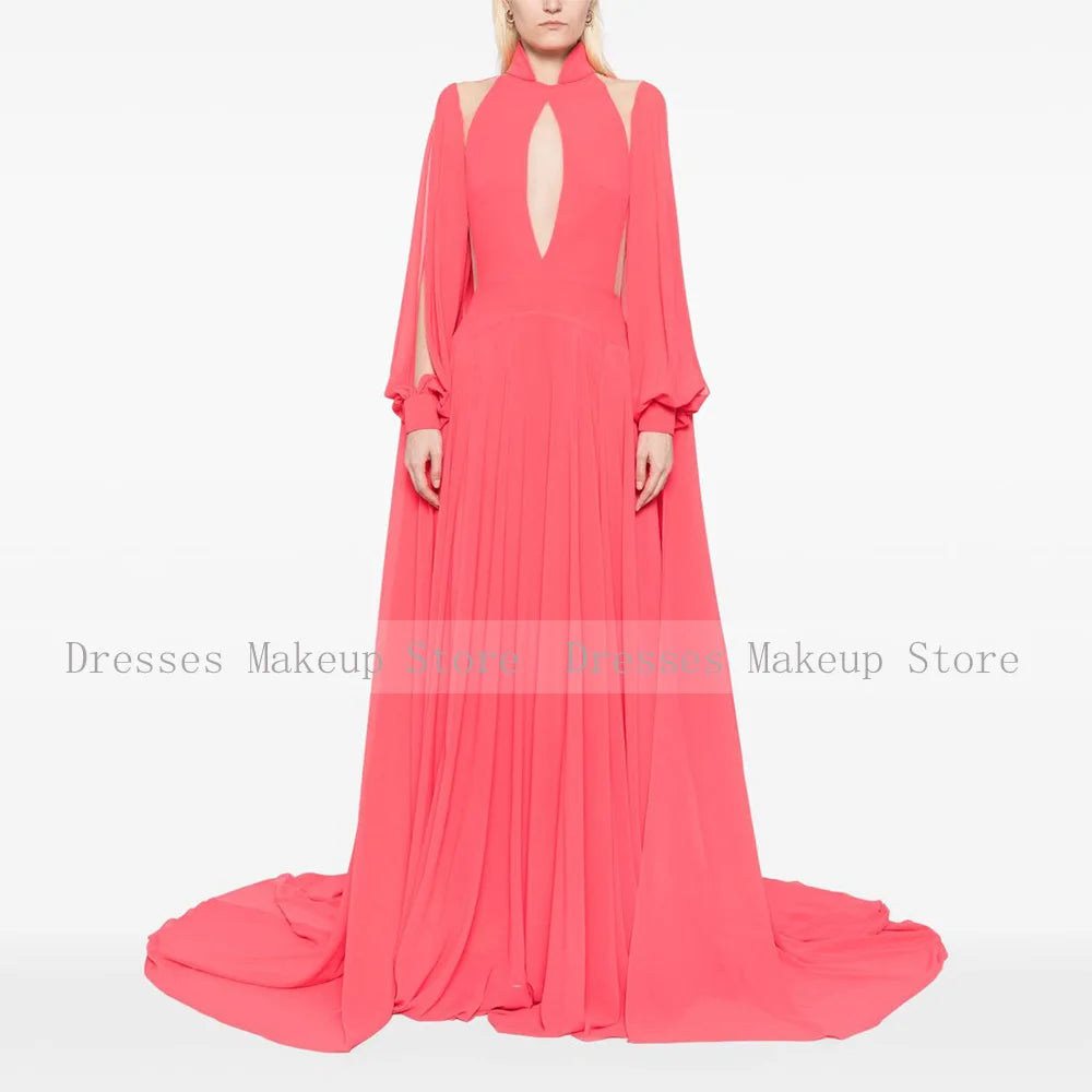 Robe de Soirée Élégante Montant, Manches Longues, A-Line, Découpes Illusion