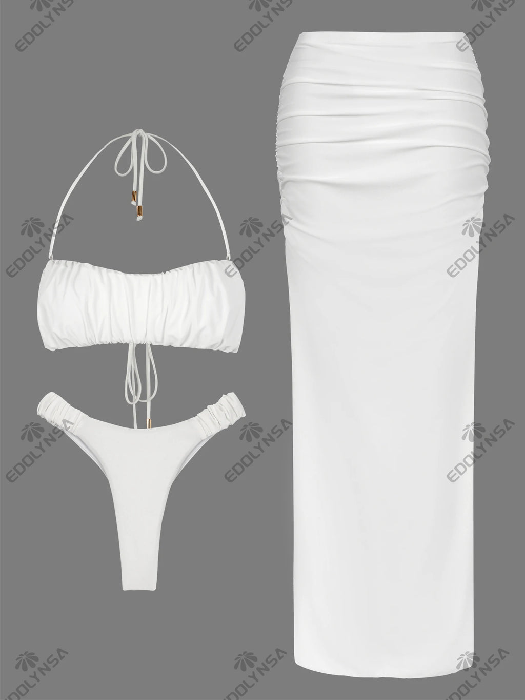 Bikini 3 Pièces à Bandeau Ruché Sans Bretelles Blanc - Ensemble Haute Coupe avec Jupe Maxi de Plage