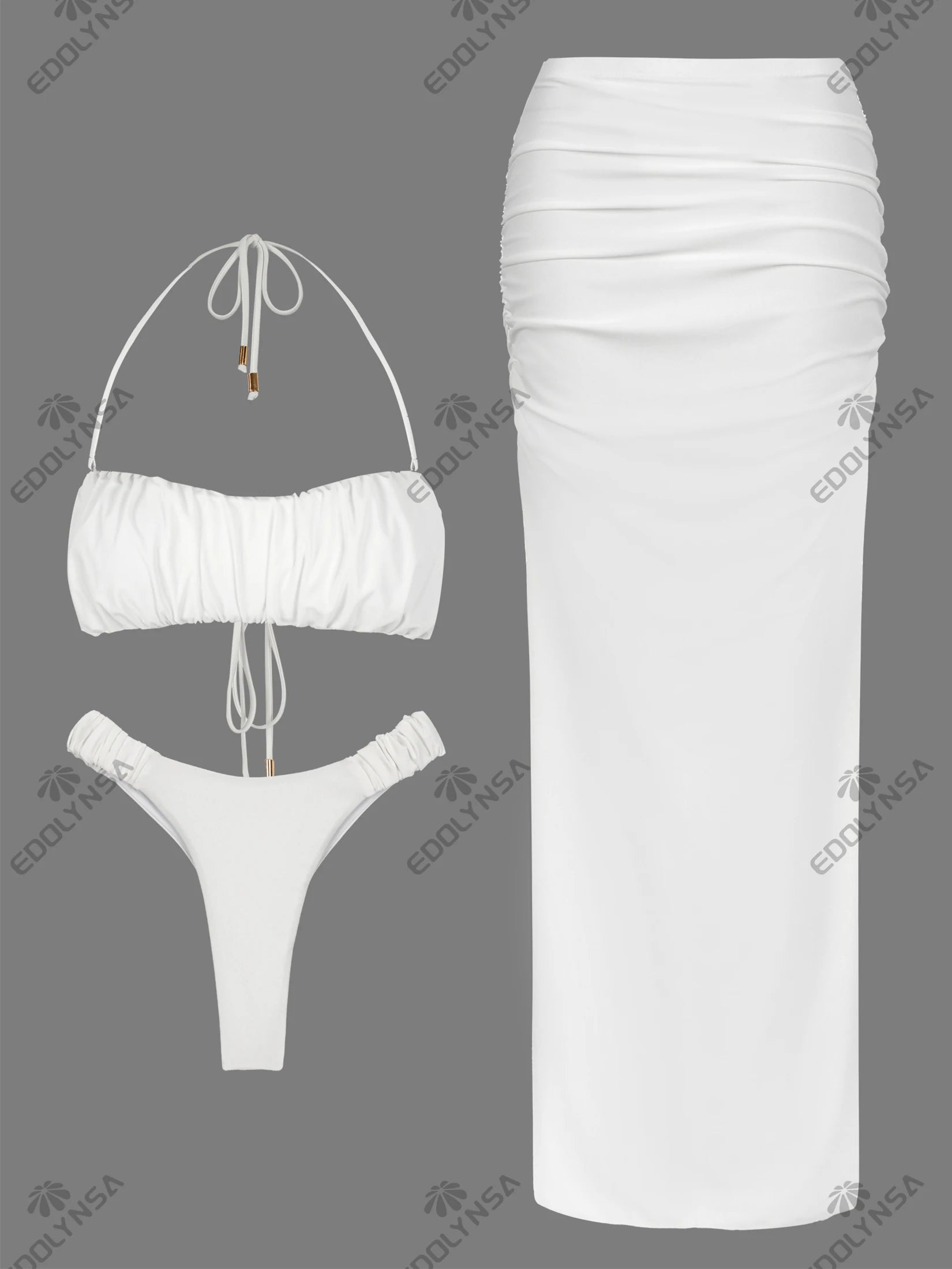 Bikini 3 Pièces à Bandeau Ruché Sans Bretelles Blanc - Ensemble Haute Coupe avec Jupe Maxi de Plage