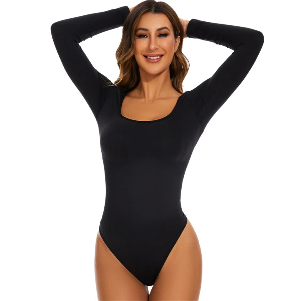 Body gainant femme à entrejambe ouvert, manches longues, sans couture