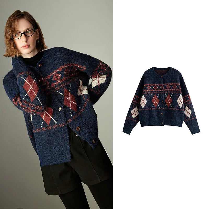 Pull Femme – Style Nordique Vintage, Motif Argyle Jacquard, Fausse Fourrure Hippocampe, Col Rond