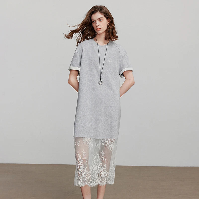 Robe femme mi-mollet été droite en maille avec dentelle