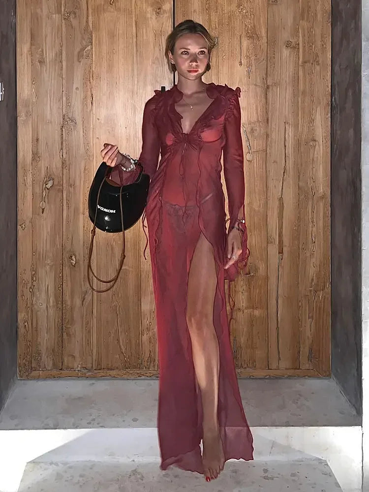Robe de Plage Sexy Col V à Rubans et Franges pour Femme – Élégante et ajusta
