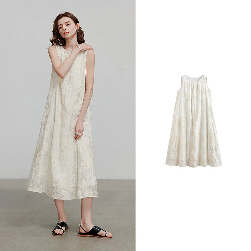 Women's A-Line Mid-Calf Summer Dress, Sleeveless, Round Neck, Embroidered