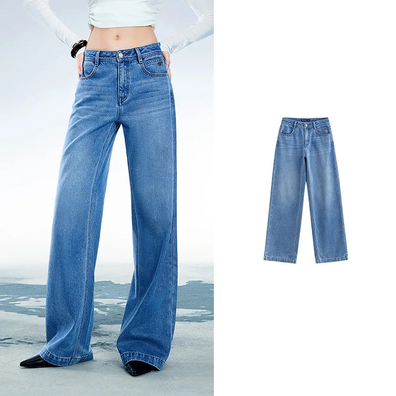 Jean femme taille mi-basse coupe droite large slim fit