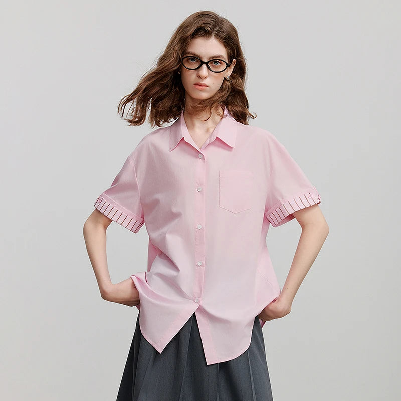 Damen-Patchworkhemd Kurzarm Klassischer Kragen