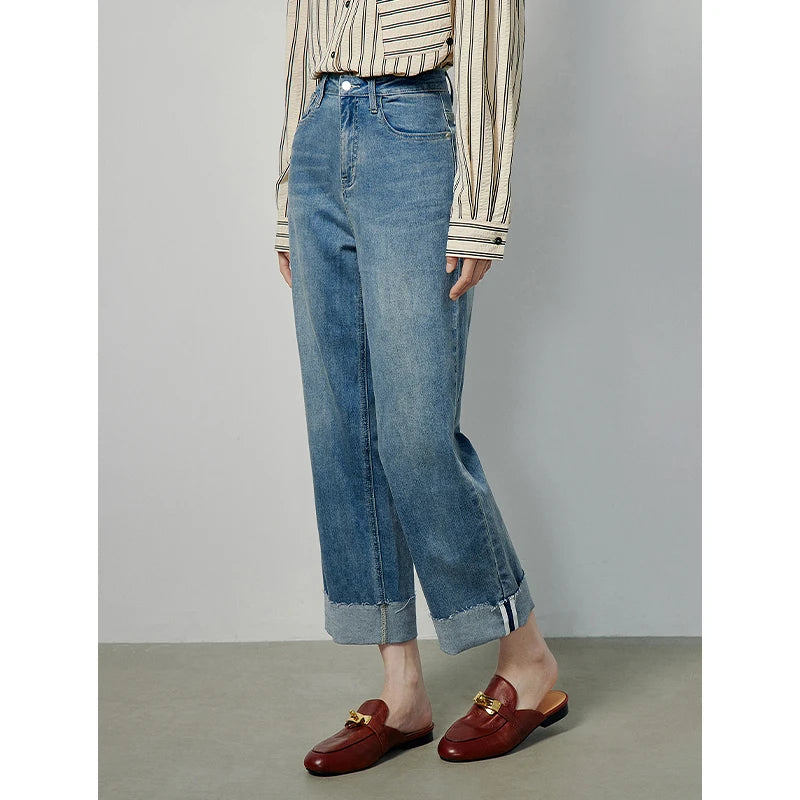 Jean femme patchwork taille haute coupe droite longueur cheville