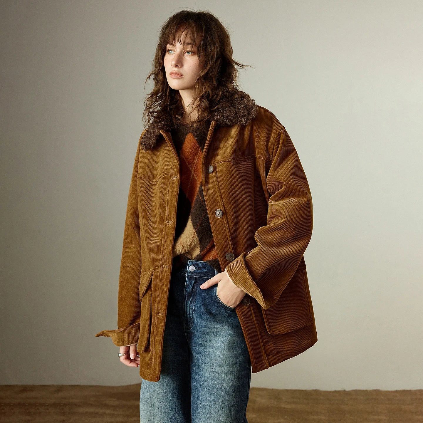 Manteau Femme – Col Sherling, Doublure Fleece, Style Nomade Oversized, Confort et Chaleur