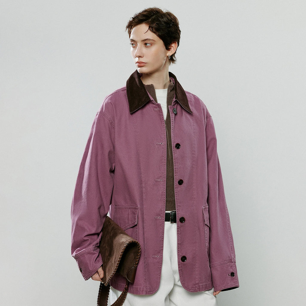 Damenmantel – Asymmetrischer Midirock-Schnitt, reine Baumwolle, Kontrastnaht, Himbeerrosa