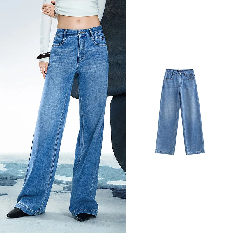 Jean femme taille mi-basse coupe droite large slim fit