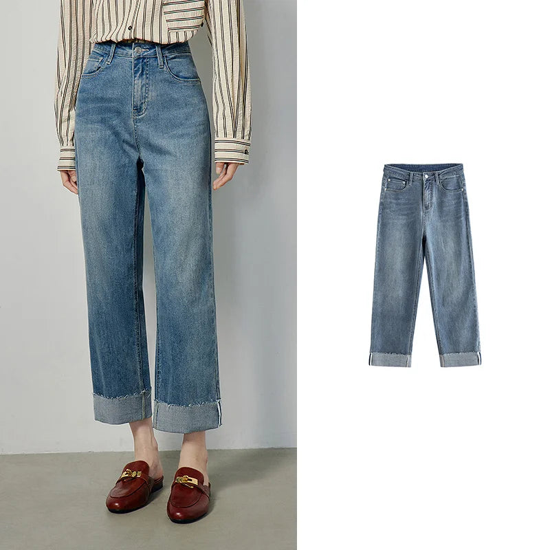 Jean femme patchwork taille haute coupe droite longueur cheville