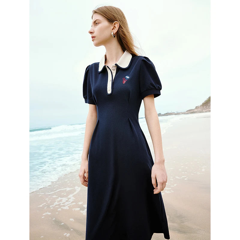 Robe femme mi-mollet été A-Line manches bouffantes col chemise brodée