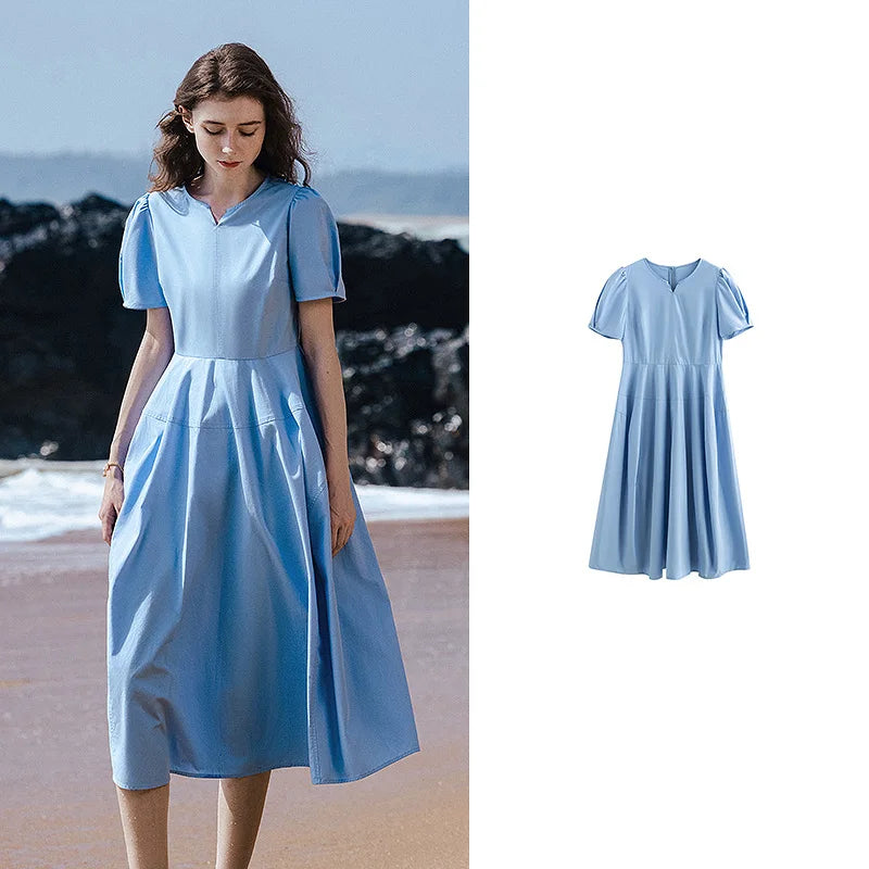 Robe femme mi-mollet été A-Line manches bouffantes col V avec poches