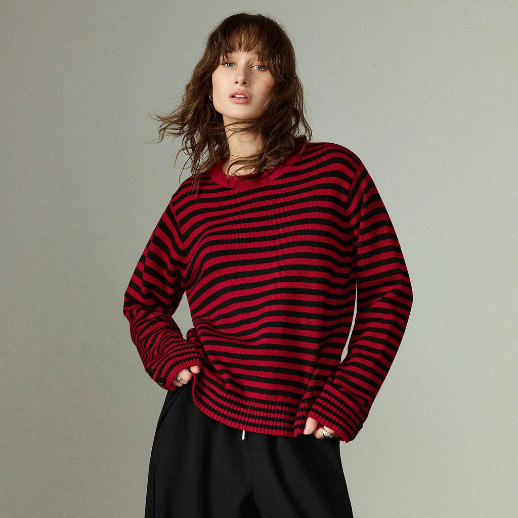 Pulls en maille style rétro, rayures et blocs de couleur, col rond
