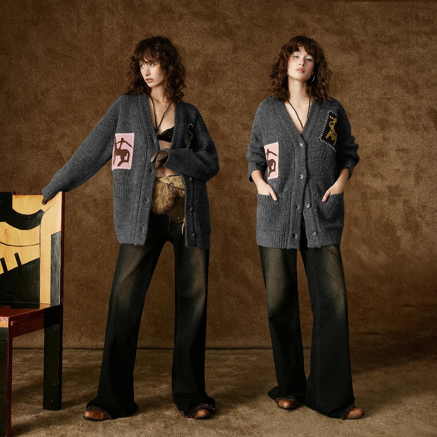 Cardigan Femme – Velours Fausse Vache, Motif Cheval, Coupe Loose Tricotée