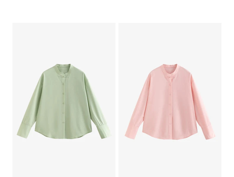 Women's long-sleeved shirt with a stand-up collar, casual Chinese style