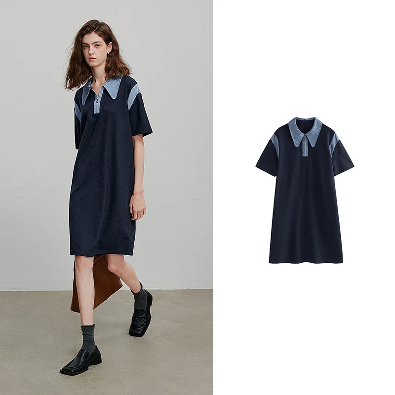 Robe femme genou été style office manches courtes col chemise à zip