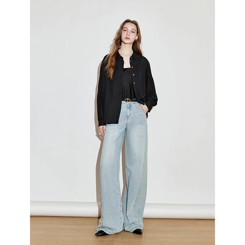 Jean femme taille mi-haute coupe droite large délavé