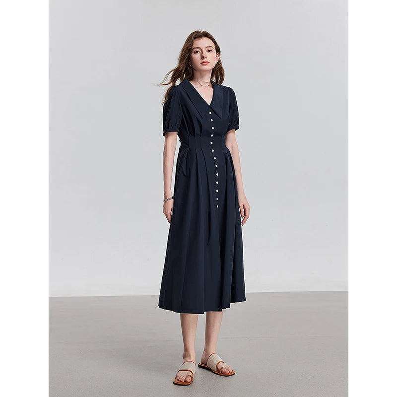 Women's mid-calf summer A-line dress with puff sleeves and Peter Pan collar