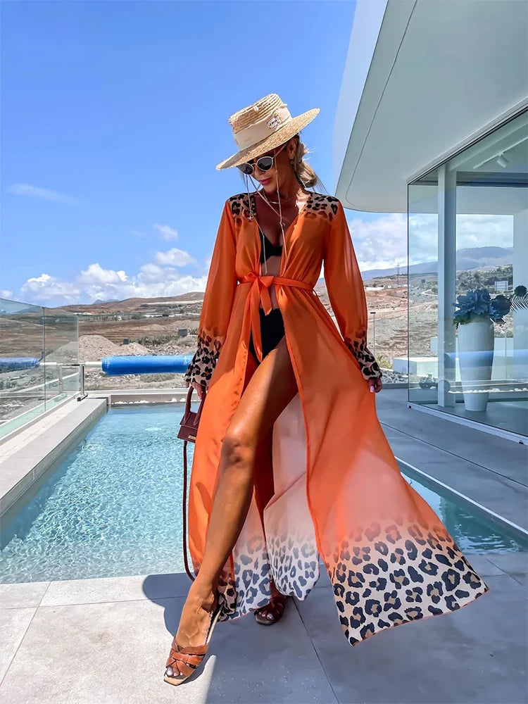 Ensemble Kimono à Imprimé Léopard Grande Taille en Chiffon - Tunique de Plage Longue à Manchettes