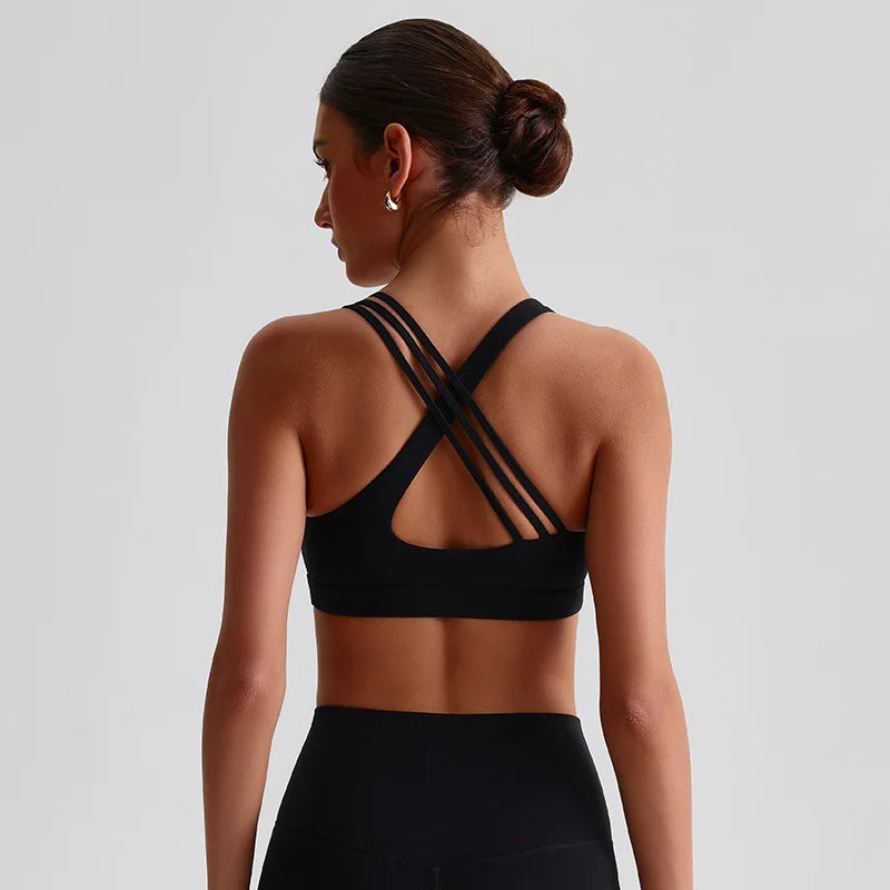 Brassière de sport croisée dos nageur, maintien fort, coques amovibles