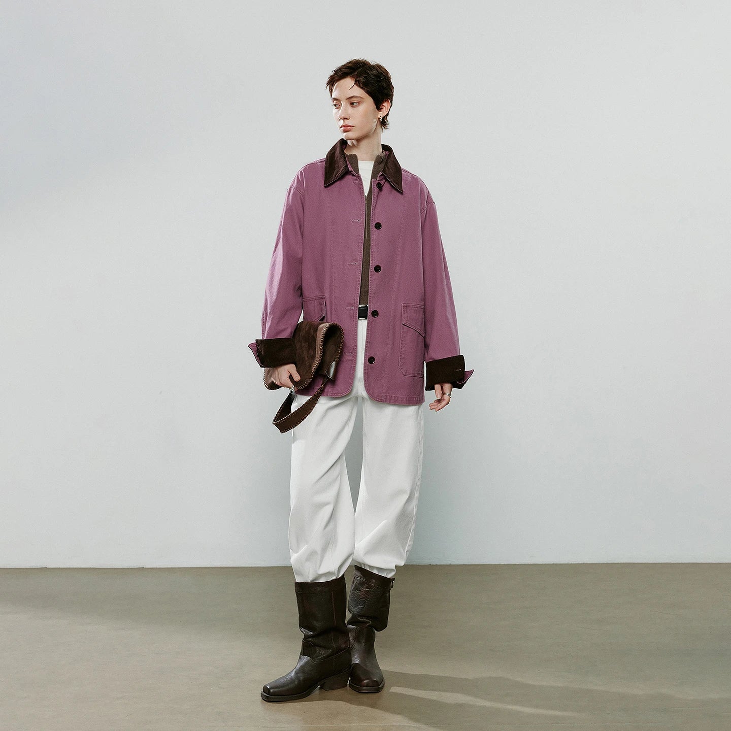Damenmantel – Asymmetrischer Midirock-Schnitt, reine Baumwolle, Kontrastnaht, Himbeerrosa