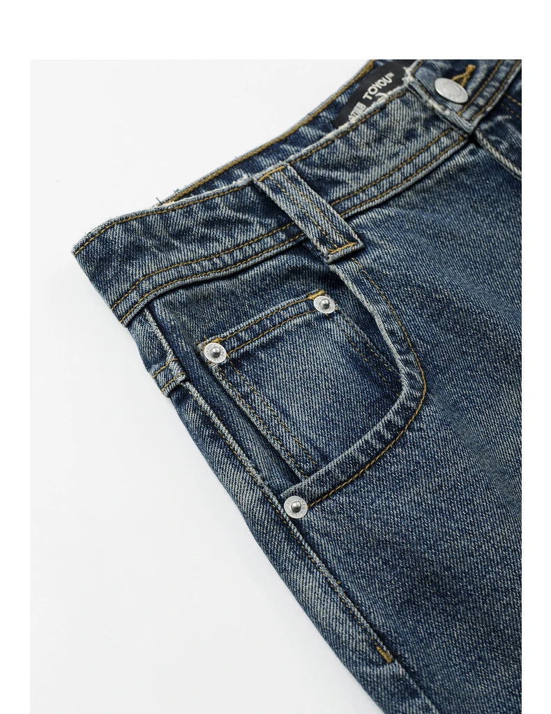Damenjeans mittelhoher Bund, weites gerades Bein, Knöchellänge