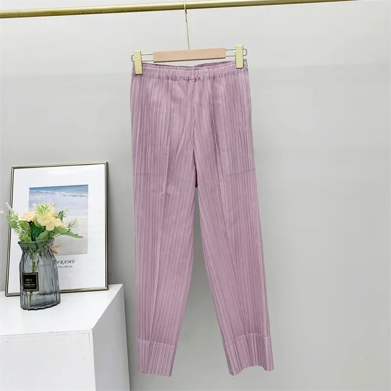 Miyake Pleated Straight Leg Pants, Women's Elastic Waist Cropped Pants, Casual and Versatile Small Leg Pants