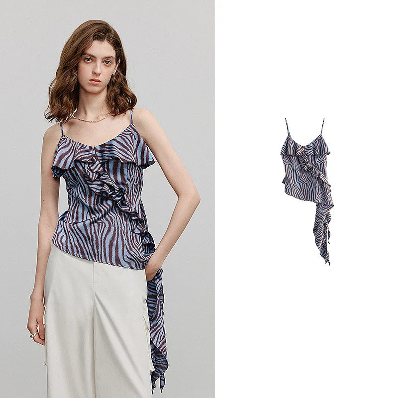 Chemise femme super-courte sans manches col rond imprimé léopard