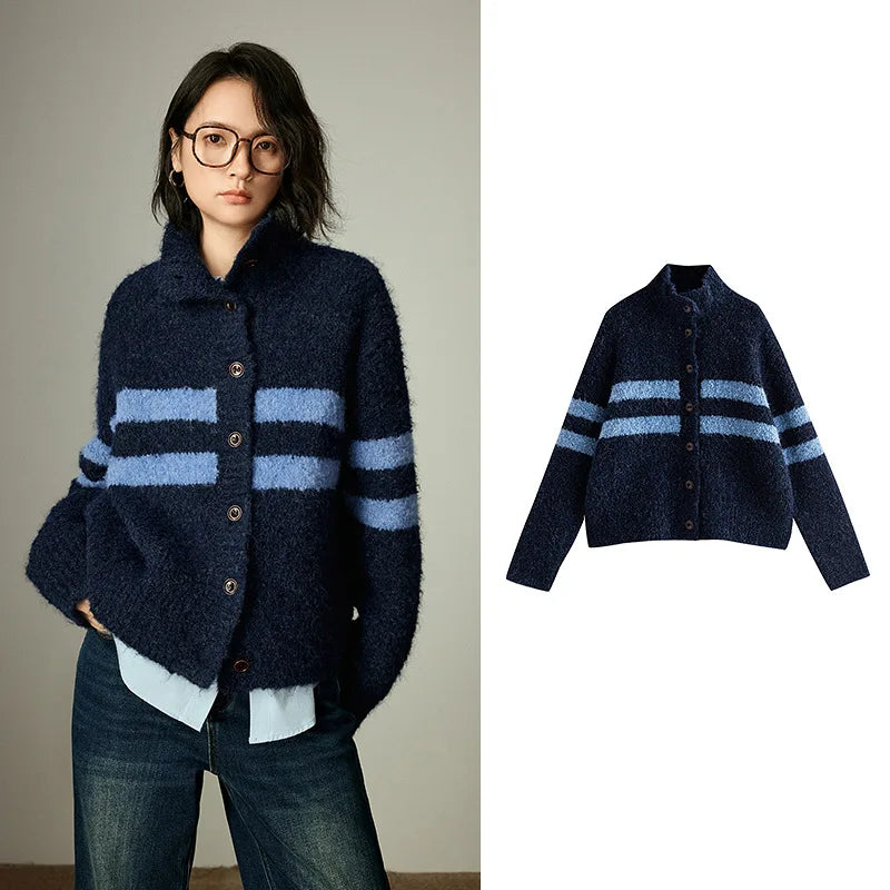 Cardigan Femme TOYOUTH – Col Haut, Rayures Vintage, Laine Nuage