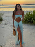 Ensemble bikini 3 pièces blanc col halter avec jupe maxi à découpe transparente