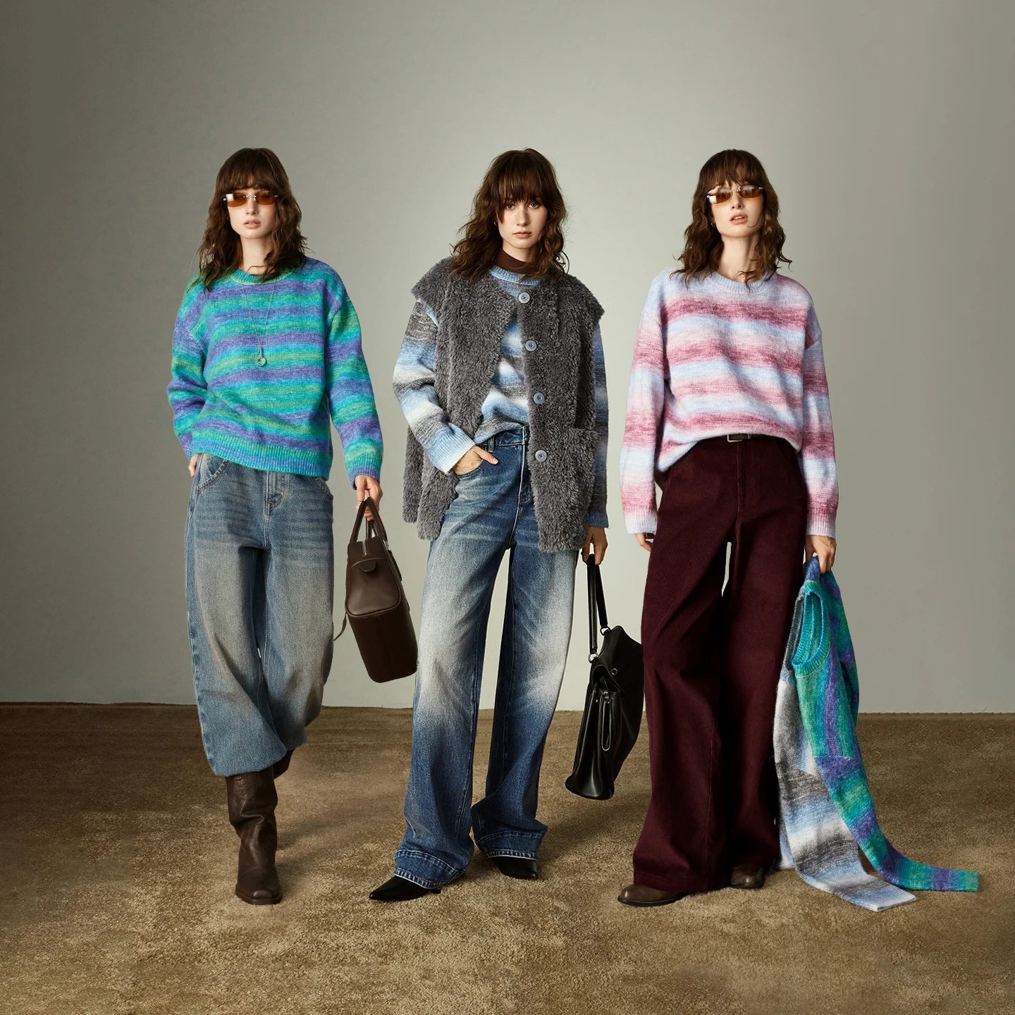 Pull Femme – Col Rond, Rayures Dégradées Arc-en-Ciel, Maille Longue Douce et Chaude