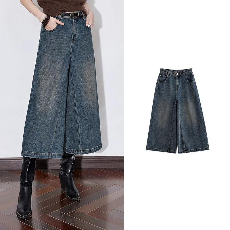 Jean femme taille mi‑haute coupe droite large longueur cheville