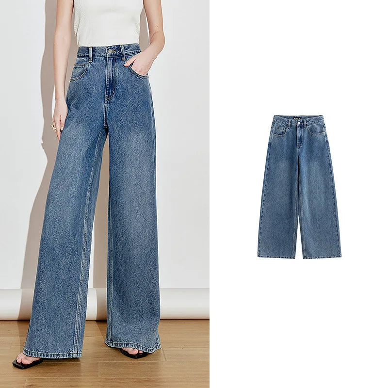 Jean femme coton pur coupe large style rétro longue