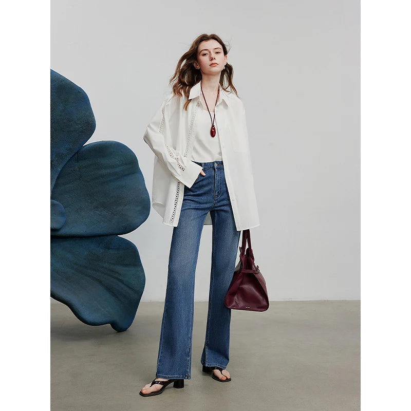 Blouse femme en dentelle ajourée – col chemise, manches longues