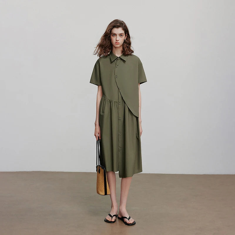 Robe femme mi‑mollet été A-Line manches courtes col chemise