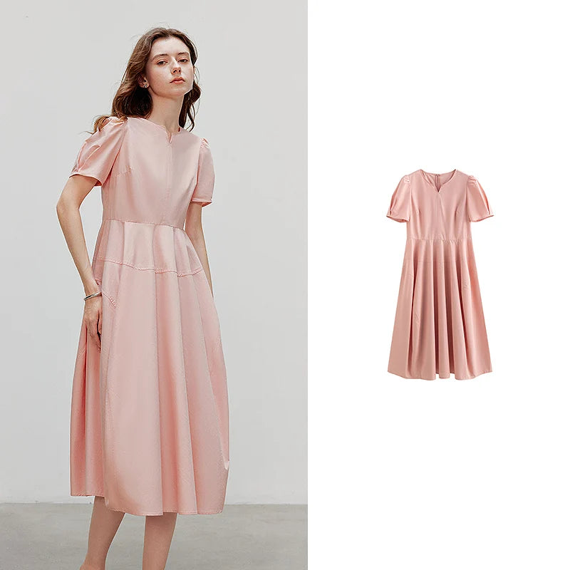 Robe femme mi-mollet été A-Line manches bouffantes col V avec poches