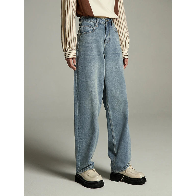 Jean femme taille haute coupe droite ample bleu clair