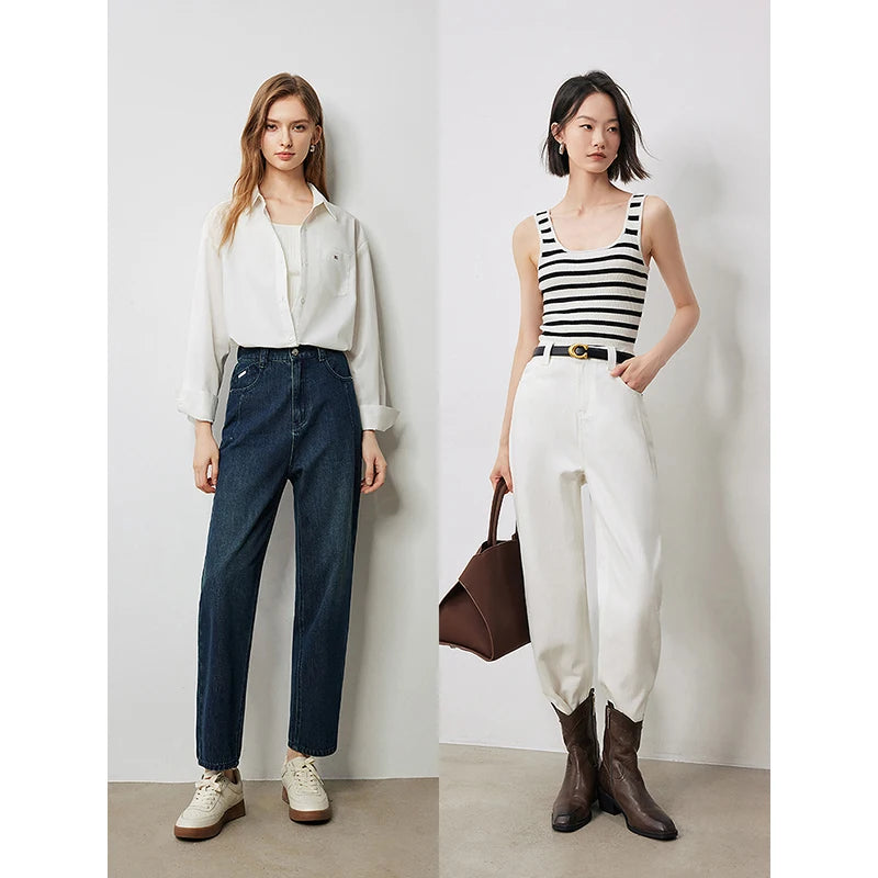 Jean femme taille haute élastique coupe harem longueur cheville