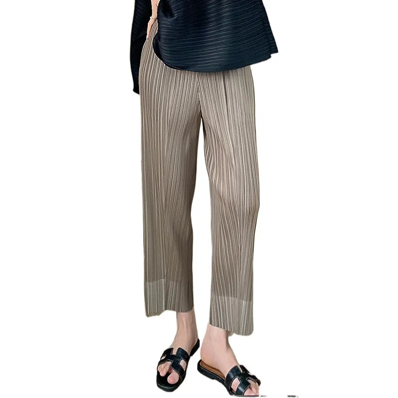 Miyake Pleated Straight Leg Pants, Women's Elastic Waist Cropped Pants, Casual and Versatile Small Leg Pants