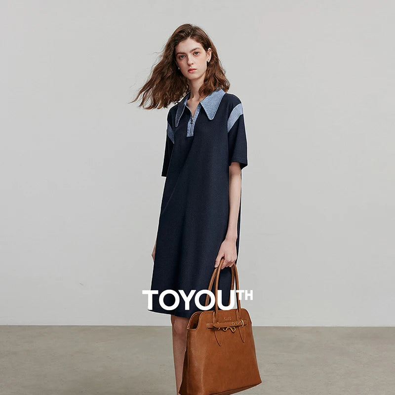 Robe femme genou été style office manches courtes col chemise à zip