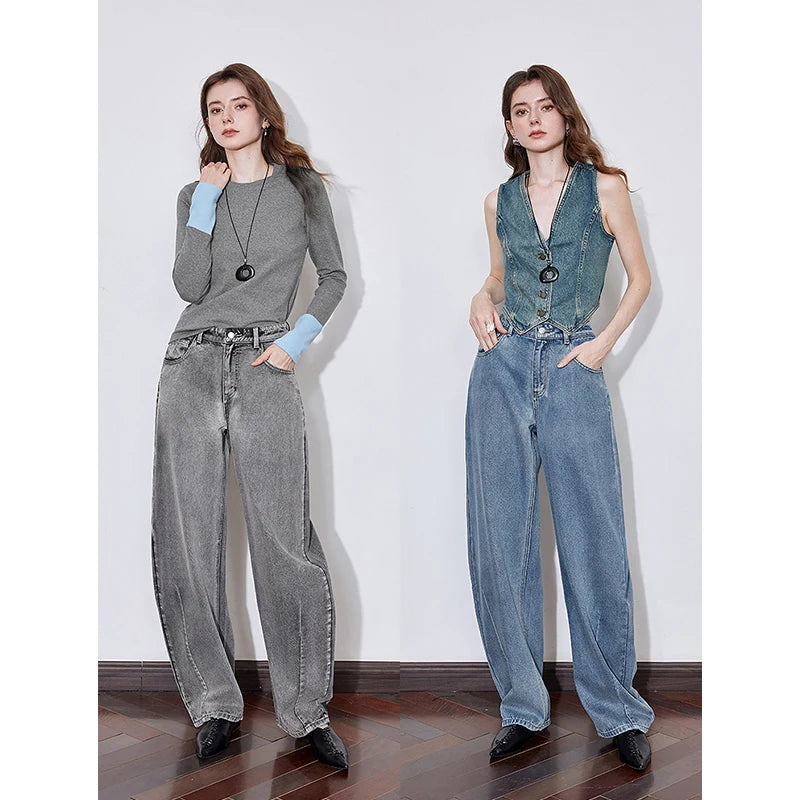 Jean femme style wasteland taille mi‑haute coupe droite large longue