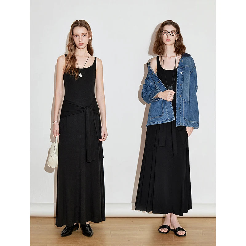 Women's sleeveless long spring dress with straps, black