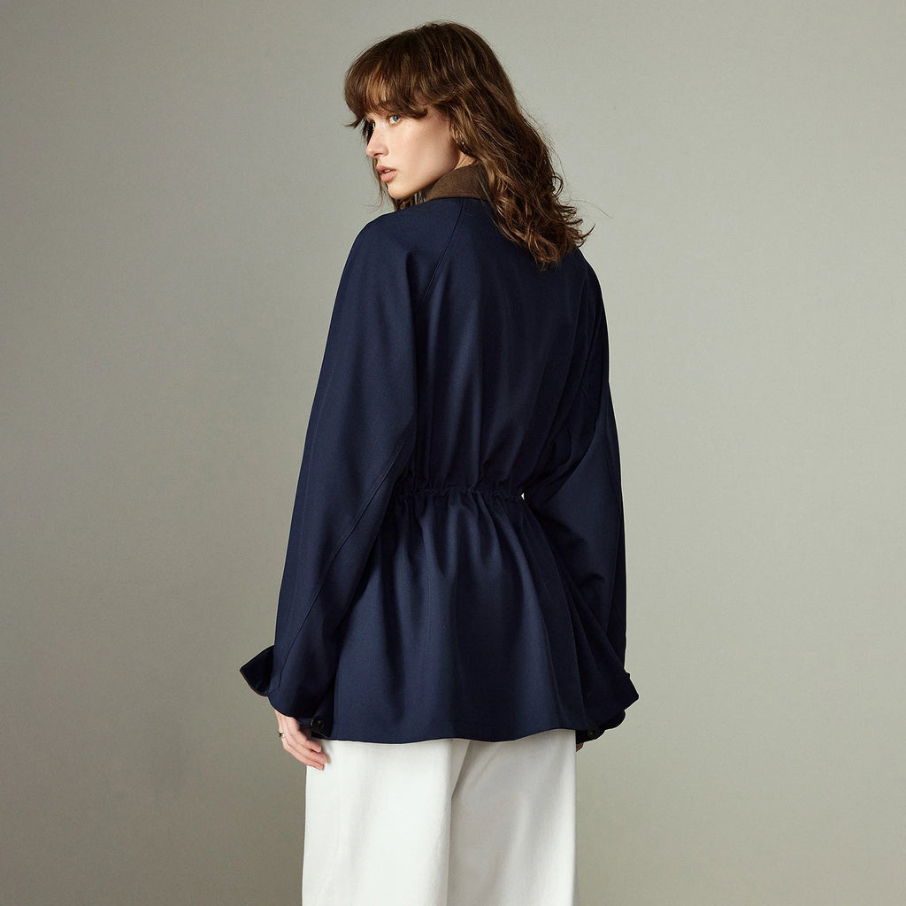 Veste Femme – Color-block Rétro, Col Revers, Taille Cinchée, Coupe Mi-longue Cargo