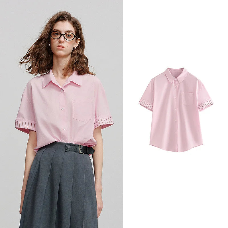Damen-Patchworkhemd Kurzarm Klassischer Kragen