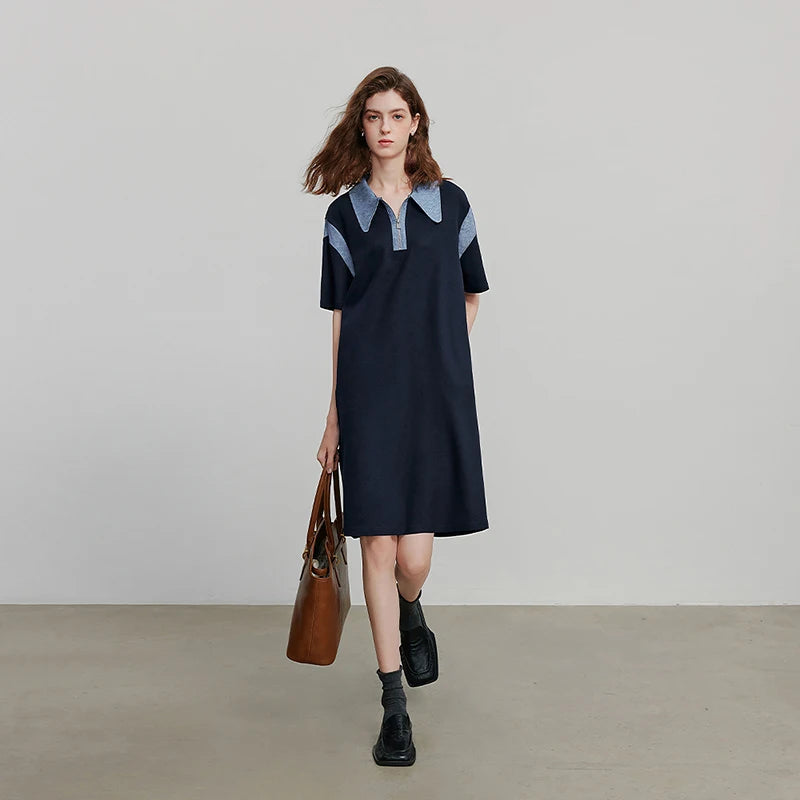 Robe femme genou été style office manches courtes col chemise à zip