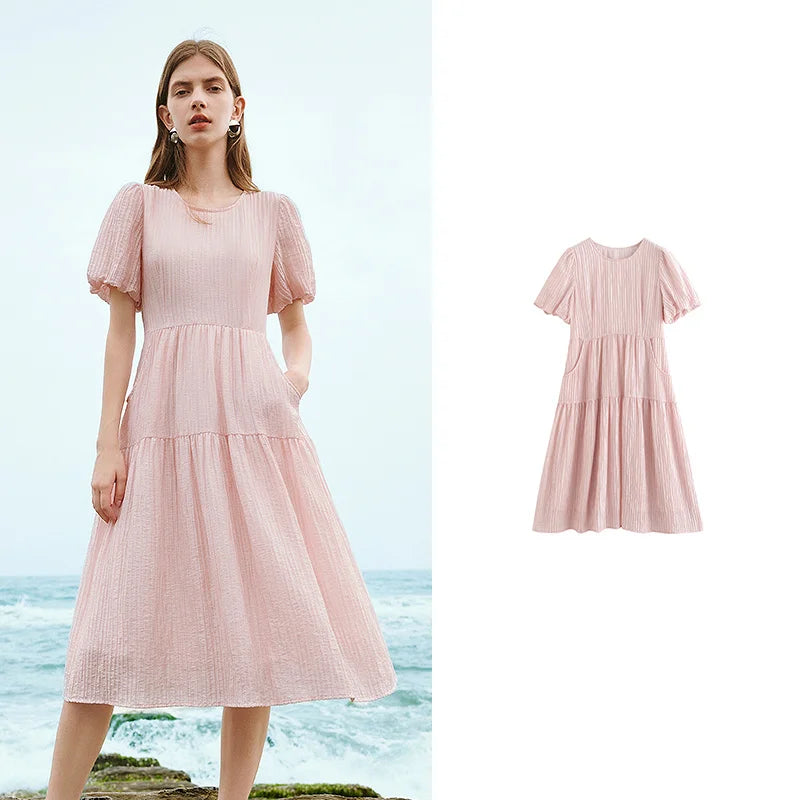 Robe femme mi-mollet été A-Line manches bouffantes col rond à lacets